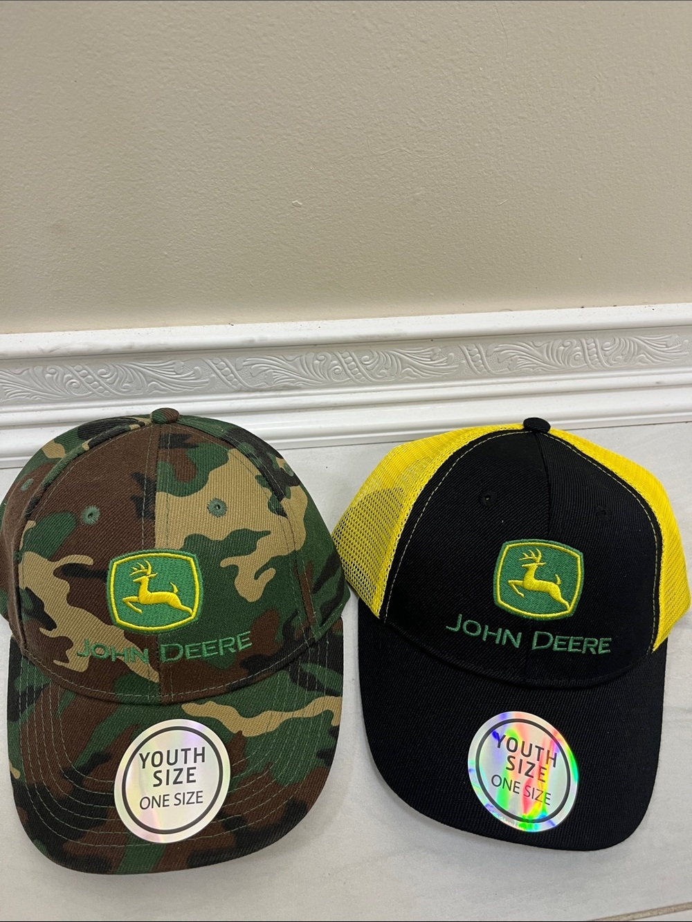 John Deere Youth Caps in Camo & Black with Yellow Mesh